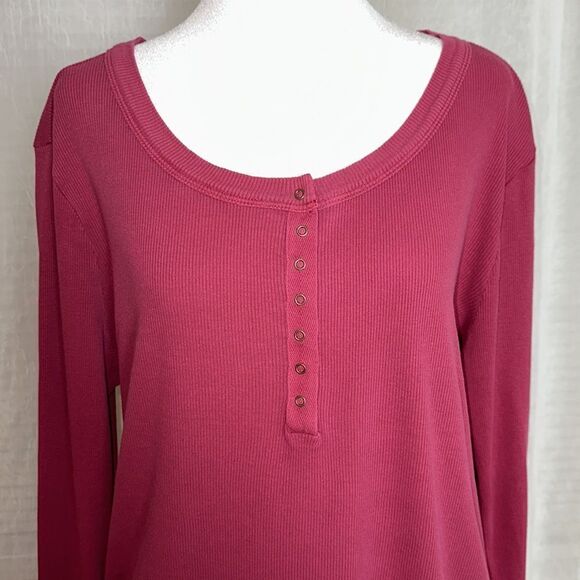 Lucky Brand XL Anemone Deep Pink Long Sleeve Ribbed Knit Snap Cotton Henley - Picture 6 of 16
